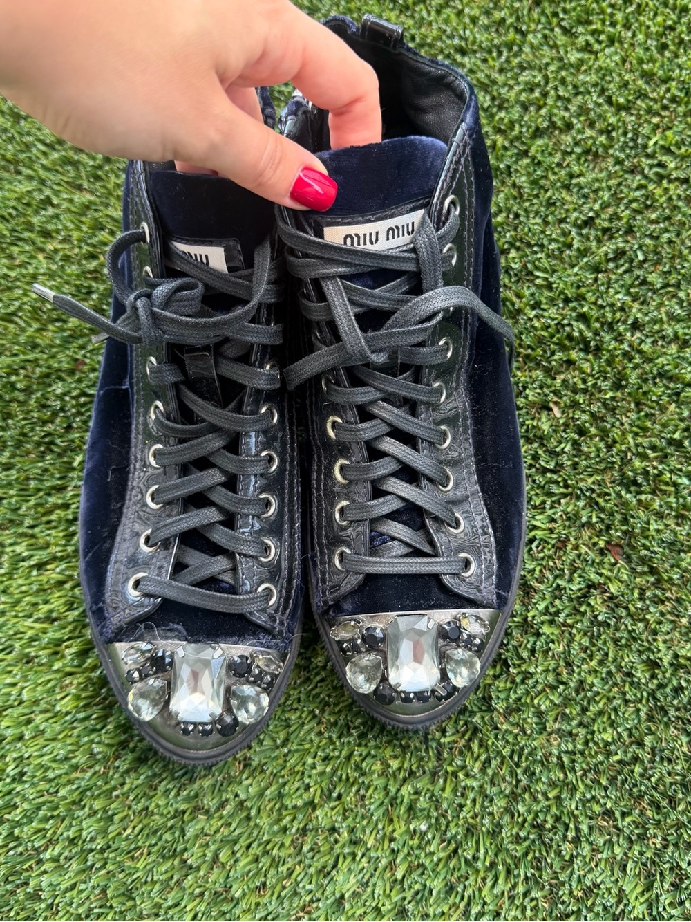 Miu Miu Navy Velvet Embellished Lace-Up Sneakers